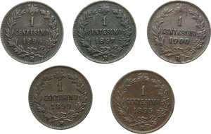 reverse: Umberto I (1878-1900).. Serie completa di cinque (5) monete da un centesimo (1895-1896-1897-1899 e 1900)