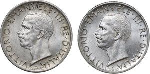 obverse: Vittorio Emanuele III (1900-1946).. Lotto di due (2) monete da 5 lire 1927 - 2 rosette e 1929 - 1 rosetta
