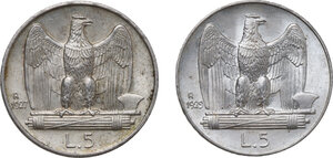 reverse: Vittorio Emanuele III (1900-1946).. Lotto di due (2) monete da 5 lire 1927 - 2 rosette e 1929 - 1 rosetta