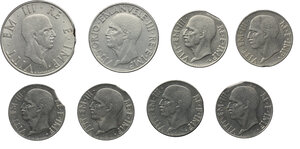 obverse: Vittorio Emanuele III (1900-1943). Lotto di otto (8) monete ( 2 lire, 1 lira, 20 centesimi (6) ) con difetti del tondello da errori di zecca