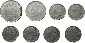 reverse: Vittorio Emanuele III (1900-1943). Lotto di otto (8) monete ( 2 lire, 1 lira, 20 centesimi (6) ) con difetti del tondello da errori di zecca