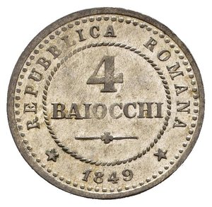 obverse: BOLOGNA. Seconda Repubblica Romana (1848-1849). 4 Baiocchi. 1849. Mi (1,93 g). Gig.5. Ottima argentatura. SPL+/qFDC
