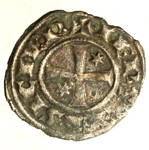 reverse: BRINDISI. Federico II di Svevia (1197-1250) Denaro 1248. Lettere FR abbreviate R/ Croce con stelle nel 2 e 3 quarto. MEC 567.     (g. 0,67)   MI    BB 