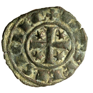 reverse: BRINDISI. Federico II di Svevia (1197-1250) Denaro 1249. F tra tre stelle R/ Croce con stelle nei quarti. Spahr 148; MEC 570.     (g. 0,66)   MI   +BB