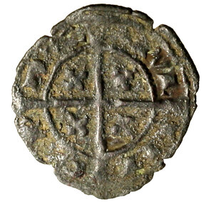 reverse: BRINDISI. Carlo I d’Angiò (1266-1285). Denaro. Grande lettera K tra losanghe. R/ Croce accantonata da gigli. Spahr 31.    MI    (g. 0,40)   +BB
