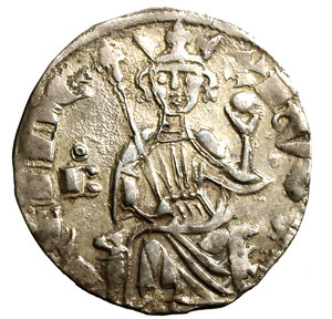 obverse: CIPRO. Ugo IV (1324-1359) Grosso. Il re in faldistorio di fronte con croce astile e globo R/ Croce con croci nei quarti. Malloy 73     AR     RARO   SPL