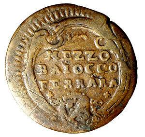 reverse: FERRARA. Benedetto XIV (1740-1758) Mezzo baiocco A/ X. Stemma R/ MEZZO/ BAIOCCO/ FERRARA in cartella. Munt. 343.     CU   (g. 4,67)     RARO   +BB