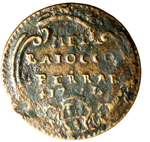 reverse: FERRARA. Benedetto XIV (1740-1758) Mezzo baiocco 1751. Stemma R/ MEZZO/ BAIOCCO/ FERRARA in cartella. Munt. 377.     CU   (g. 5,17)     RARO   +BB