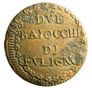 reverse: FOLIGNO. Pio VI (1775-1799)Due baiocchi A/ XXI. Stemma R/ DVE/ BAIOCCHI/ DI/ FVLIGNO in ghirlanda. Munt. 338; Berm. 3101    (g. 18.29)  CU    RARO      SPL