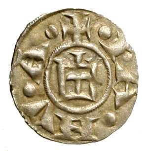 obverse: GENOVA. Repubblica. Periodo dei Consoli (1139-1339) Mezzo denaro. Castello R/ Croce. Lun. 2   (g. 0,27)   MI     MOLTO RARO   +SPL