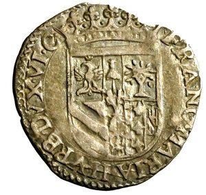 obverse: GUBBIO. Francesco Maria II Della Rovere (1574-1624) Da 2 grossi. Stemma coronato R/ Z/ GROS/ SI entro ghirlanda di rami di quercia; all’esergo, EVGVBII. CNI 32; Cavicchi 147.    AR     MOLTO RARO     (g. 2,37)   +BB