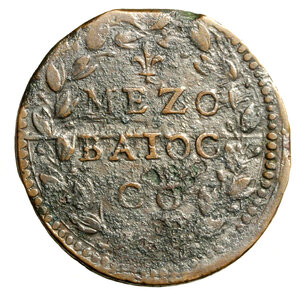 reverse: GUBBIO. Innocenzo X (1644-1655) Mezzo baiocco A/ VII. Stemma R/ giglio/ MEZO/ BAIOC/ CO tra rami. Munt. 121; Berm. 1866..    CU   (g. 7,71)  RARO     +BB   