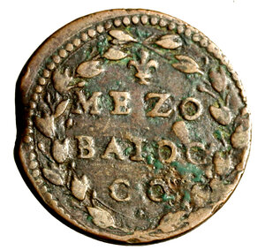 reverse: GUBBIO. Innocenzo X (1644-1655) Mezzo baiocco A/ VIII. Stemma R/ giglio/ MEZO/ BAIOC/ CO tra rami. Munt. 121; Berm. 1866.    CU   (g. 8,64)  RARO     +BB   