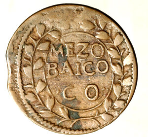 reverse: GUBBIO. Innocenzo XII (1691-1700) Mezzo baiocco A/ V. Stemma R/ MEZ/ ZO/ BAIOC/ CO tra rami.  CU   ( g. 7,97)  RARO     +BB   
