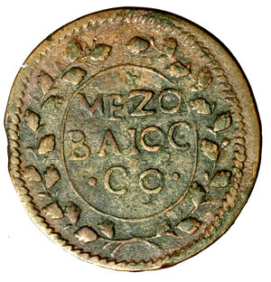 reverse: GUBBIO. Clemente XI (1700-1721)Mezzo baiocco. Stemma R/ MEZO/ BAIOC/CO tra rami. CNI 108; M. 269; B. 2498. RARO    ( g. 8,38)      CU    +BB