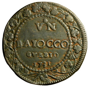 reverse: GUBBIO. Clemente XII (1730-1740)Baiocco 1731/ I. Stemma R/ VN/ BAIOCCO/ GVBBIO/ 1731 in ghirlanda di tralci di vite. Munt. 198a    (g. 10,82)      CU    +BB