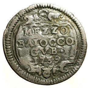 reverse: GUBBIO. Clemente XII (1730-1740)Mezzo baiocco 1739/ VIII. Stemma R/ MEZZO/ BAIOC/ CO/ GVB/ 1739 in cartella.   ( g. 4,49)    RARO    CU    BB