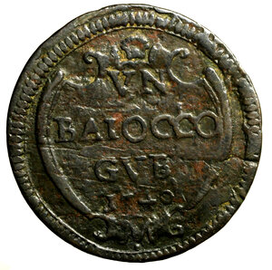 reverse: GUBBIO. Benedetto XIV (1740-1758)Baiocco 1740/ I. Stemma R/ VN/ BAIOCCO/ GVB/ 1740 in cartella.  (g. 10,86)   RARO    CU    +BB