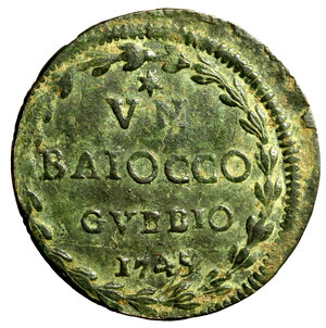 reverse: GUBBIO. Benedetto XIV (1740-1758)Baiocco 1745/ V. Stemma R/ VN/ BAIOCCO/ GVBBIO/ 1745 in ghirlanda. CNI 42; Munt. 443  (g. 13,02)   RARO    CU    +BB