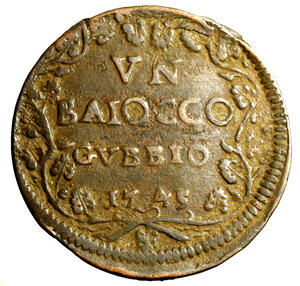 reverse: GUBBIO. Benedetto XIV (1740-1758) Baiocco 1745/ V. Stemma R/ VN/ BAIOCCO/ GVBBIO/ 1745 in ghirlanda di tralci di vite. Munt. 204  (g. 9,81)   RARO    CU    BB