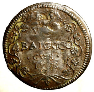 reverse: GUBBIO. Benedetto XIV (1740-1758) Baiocco 1753. Stemma R/ VN/ BAIOCCO/ GVB/ 1753 tra tralci di vite. Munt. 467    (g. 11,04)   RARO    CU   SPL