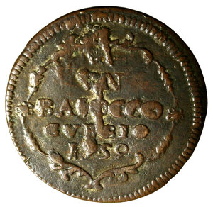 reverse: GUBBIO. Clemente XIII (1758-1769)Baiocco 1759. Stemma R/ VN/ BAIOCCO/ GVBBIO/ 1759 in cartella.      CU    +BB   leggera striatura al D/  (g. 12,09)    qSPL