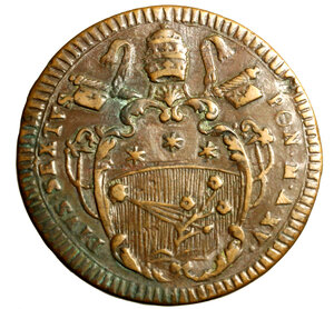 obverse: GUBBIO. Pio VI (1775-1799) Due baiocchi A/ XV. Stemma R/ DVE/ BAIOCCHI/ GVBBIO in ghirlanda. Munt. 358      CU  (g. 23,24)  qSPL