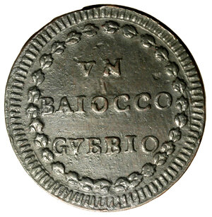 reverse: GUBBIO. Pio VI (1775-1799)Baiocco A/ XVIII. Stemma R/ VN/ BAIOCCO/ GVBBIO in ghirlanda. Munt. 361      CU   (g. 12,16) SPL
