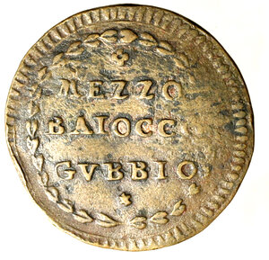 reverse: GUBBIO. Pio VI (1775-1799)Mezzo baiocco A/ XVI. Stemma R/ MEZZO/ BAIOCCO/ GVBBIO in ghirlanda. Munt. 367 a. CNI 8. Berm. 3113    (g. 5,47)     CU    +BB