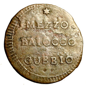reverse: GUBBIO. I Repubblica Romana (1798-1799) Mezzo Baiocco. */ MEZZO/ BAIOCCO/ GUBBIO R/ */ MEZZO/ BAIOCCO/ GUBBIO. Pag. 36d, Gig. 5. Bruni 3.    (g. 3,95)    CU RARO   +BB