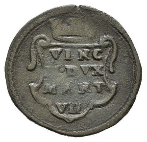 obverse: MANTOVA. Vincenzo II Gonzaga (1626-1627). Mezzo grossetto. Mi (1,55 g). Scritta in cartella coronata; R/ crogiuolo su fuoco. MIR 635. RR. qBB