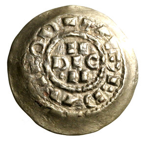 reverse: MILANO. Enrico II di Sassonia (1004-1024) Denaro scodellato. Lettere H/ RIC/ N su tre righe R/ Croce. Crippa 1c     AR   (g. 1,07)   NC     +SPL