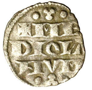 reverse: MILANO. Federico I Barbarossa (1162-1167) Denaro imperiale. Lettere IPRT a croce tra globetti R/ ME/ DIOLA/ NVM su tre riighe. MIR 59; Crippa 17a     AR   (g. 0,79)   NC     +BB