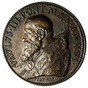 obverse: ROMA. Paolo III (1534-1549) Medaglia A/ XVI. (Opus: G. F. Bonzagni) (mm. 36,5) Busto volto a sn. con piviale ornato R/ Un liocorno immerge il suo corno in un corso d’acqua facendo fuggire alcune serpi, e nel quale si abbeverano una lupa e un toro. Modesti 369     AE      RARO    L unicorno è simbolo di purezza, di fermezza e di coraggio dei Farnese; il toro e la lupa rappresentano Parma e Piacenza. La scena simboleggia la pulizia dagli intrighi che Pierluigi Farnese e Paolo III mettono in atto e permette al Ducato di Parma e Piacenza di rifiorire.   qFDC