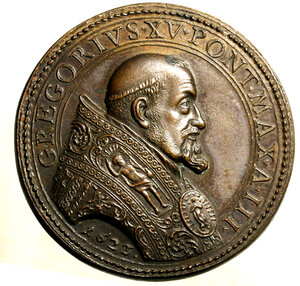 obverse: ROMA. Gregorio XV (1621-1623) Medaglia 1623/ III (mm. 35) (opus: G. A. Mori) Busto a ds. R/ Il Papa legge il decreto di canonizzazione in concistoro di fronte ai cardinali. Miselli 138.    AE     RARO   SDC