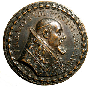 obverse: ROMA. Urbano VIII (1623-1644) Medaglia 1640/ XVII per la fortificazione del Quirinale (Opus: G. Mola) (Ø: mm. 45,1). Busto a ds. con piviale ornato entro corona di api R/ Veduta del palazzo del Quirinale in corona di api. Modesti  107; Miselli 327.   AE    RARO    qFDC