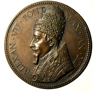 obverse: ROMA. Alessandro VII (1655-1667) Medaglia 1665/ XI per la canonizzazione di Francesco di Sales (Opus: G. Morone) (Ø: mm. 42) Busto a sn. con triregno e piviale ornato R/ BEATO FRANCISCO EPISCOPO INTER SANTOS RELATO Vista dell’altar maggiore in S. Pietro col baldacchino del Bernini e sullo sfondo il Papa in trono circondato dai cardinali. Miselli 627; Bart. E665.     AE     MOLTO RARA   In occasione della canonizzazione di Francesco di Sales avvenuta il 19 Aprile 1665, si tenne nella basilica di S. Pietro una funzione particolarmente solenne, che ispirò l’incisore, Gaspare Morone, per il soggetto di questa medaglia. Lo stesso Alessandro VII era molto devoto a questo Santo di cui custodiva con venerazione una reliquia donatagli dalla Regina di Francia.     FDC