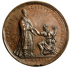 reverse: ROMA. Pio VI (1775-1799) Medaglia 1790/XVI per ricordare il cambio del nome della città da Montecchio a Treia (Opus: Gioachino Hamerani) (Ø: mm. 31). Busto a ds. con camauro e mozzetta R/ TREIENSES RESTITVTORI MVNICIPII Personificazione della città di Treia con cornucopia in ginocchio di fronte al pontefice. Wurzb 7459.     AE      MOLTO RARA    FDC