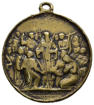 reverse: Medaglie Papali – Pio IX (1846-1878) – Canonizzazione Martiri Greci - Non Comune. Medaglia portativa, con appiccagnolo, emessa il 29 luglio 1867 a ricordo della canonizzazione dei Martiri greci uccisi a Gorcum, 19 sacerdoti e religiosi di vari Ordini, che furono uccisi in odio alla loro Fede in Olanda il 9 luglio 1572. D/ legenda ANNO SECVLARI XVIII A MARTYRIO BB APP PETRI ET PAVLI, busto a d. con mozzetta, berretto e stola intorno legenda PIVS IX PONT MAX. R/ scena a ricordo della canonizzazione dei Martiri in esergo legenda SSVM CULTI DONATI MDCCCLVII. Medaglia in Bronzo (AE) (ø 35.3mm, 19.2gr.). Conservazione MB. Riferimenti Bart. XXII-8. Non Comune (NC). 