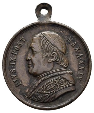 obverse: Medaglie Papali - PIO IX (1846-1878). Giubileo Episcopale del 1877. Medaglia straordinaria portativa, con appiccagnolo, emessa a ricordo del Giubileo Episcopale del 1877.  Al dritto busto di Pio IX a s. con mozzetta, berretto e stola, intorno legenda PIVS IX PONT MAX A XXIX. Al rovescio arco con colonne corinzie e croce centrale con sacro cuore raggiante sotto colombe intorno legenda GIVBILEO EPISCOPAL DEL 1877. Medaglia in Bronzo (AE) (ø 30mm, 9.5gr.). Conservazione BB. La data del dritto è anacronistica rispetto a quella dell’evento avvenuto nel 1877. Riferimenti Bart. XXXI-19. 