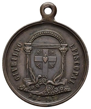 reverse: Medaglie Papali - PIO IX (1846-1878). Giubileo Episcopale del 1877. Medaglia straordinaria portativa, con appiccagnolo, emessa a ricordo del Giubileo Episcopale del 1877.  Al dritto busto di Pio IX a s. con mozzetta, berretto e stola, intorno legenda PIVS IX PONT MAX A XXIX. Al rovescio arco con colonne corinzie e croce centrale con sacro cuore raggiante sotto colombe intorno legenda GIVBILEO EPISCOPAL DEL 1877. Medaglia in Bronzo (AE) (ø 30mm, 9.5gr.). Conservazione BB. La data del dritto è anacronistica rispetto a quella dell’evento avvenuto nel 1877. Riferimenti Bart. XXXI-19. 