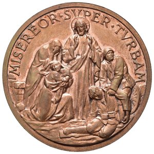 reverse: Medaglie Papali – Pio XII (1939-1958) – Gesù Misericordioso - Rara. Medaglia annuale non portativa emessa il 29 giugno 1941 a ricordo dell’opera condotta dal Papa per alleviare i dolori che la guerra inflisse all umanità.  D/ legenda PIVS XII PONTIFEX MAXIMVS A. III busto con stola e mozzetta verso d. sul taglio MISTRVZZI R/ legenda MISEREOR SVPER TVRBAM Gesù nimbato in piedi di fronte tra donne e soldati feriti. Opus Aurelio Mistruzzi. Medaglia in Bronzo (AE) (ø 44mm, 36.9gr.). Conservazione SPL/FDC. Riferimenti CM22. Coniata in soli 397 esemplari, Rara (R).