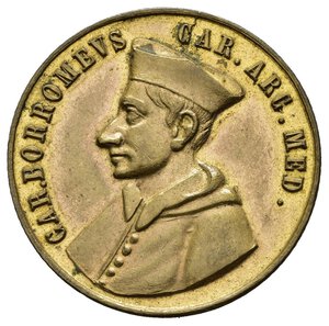 obverse: Medaglie Religiose - Cardinale Carlo Borromeo - Milano. Medaglia non portativa, emessa a ricordo di San Carlo al Corso databile ai primi del ‘900. Al dritto legenda CAR BORROMEVS CAR ARC MED, busto a s. con cappello e mozzetta. Al rovescio legenda TEMPLVM MAXIMVM, vista del Duomo di Milano, in esergo MEDIOLANI. Medaglia in Bronzo dorato (AE) (ø 32.2mm, 14.2gr.). Conservazione SPL. 