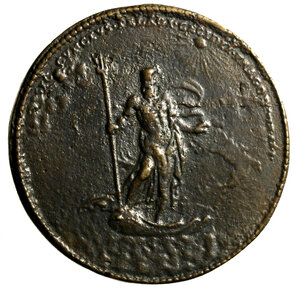 reverse: Medaglie Italiane. NAPOLI. Filippo V di Spagna (1700-1707) Medaglia 1701 per la pacificazione delle Due Sicilie dopo la congiura del Principe di Macchia, soffocata a Napoli nel sangue, e dopo il fallito tentativo di sollevare la Sicilia ordito dal prete Gennaro Antonio Cappellani. Fusione postuma (48,10 g - 46,6 mm) (opus: F. De Saint-Urbain) Busto a ds. R/ Nettuno con tridente su conchiglia placa il mare tempestoso che circonda i reami di Napoli e Sicilia, delineati nelle loro coste, e fa ritornare il sole. Siciliano 68.    AE  RARO    BB  