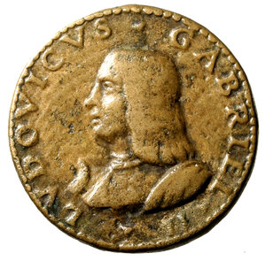 obverse: VENEZIA. Ludovico Gabrielli (1500-1525) Medaglia (diam.: mm. 28) Busto volto a sn. R/ Bimbo nudo con gigli in mano; in basso, vaso con monete al suo interno. Hill 1174, Armand II, 125, 9.    AE    RARO      +BB