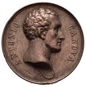 obverse: Medaglie Italiane – Regno Lombardo Veneto – Venezia - Antonio Canova. Medaglia non portativa emessa per ricordare Antonio Canova. Al dritto busto nudo a d. sul taglio del collo PVTINATI F. Al rovescio entro serpe che si morde la coda, elmo alato AL SECOLO DECIMO NONO testa di Minerva a s. Opus Francesco Putinati. Medaglia in Bronzo (AE) (ø 34mm, 18.3gr.). Riferimenti Essling 2699. Conservazione BB (segni di pulitura).  Antonio Canova (Possagno, 1º novembre 1757 – Venezia, 13 ottobre 1822) è stato uno scultore e pittore italiano, ritenuto il massimo esponente del Neoclassicismo in scultura e soprannominato per questo «il nuovo Fidia».Antonio Canova esprime nelle sue creazioni la ricerca della perfezione, la bellezza e la purezza dell arte antica, con un attenzione tutta nuova nel rendere più espressivi ed umani i volti e gli atteggiamenti del corpo, assenti nelle statue della mitologia greca-romana, a cui egli si ispirava. La precisione delle linee, delle forme e la delicatezza delle superfici nei suoi modelli nascondono un duro lavoro di ricerca e di misurazione delle proporzioni, che rispondono ai canoni di bellezza ideale; questi sono i motivi per cui viene considerato tra i maggiori scultori di tutti i tempi, capace di dare raffinatezza al marmo e capace di eguagliare e superare lo splendore antico delle sculture greche-romane, sotto il segno, appunto, del suo soprannome, 