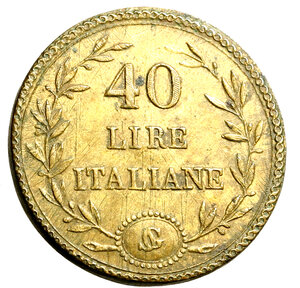 obverse: ROMA. Napoleone I (1805-1814) Peso monetale del 40 lire. 40/ LIRE/ ITALIANE tra rami R/ Monogramma incuso. Mazza 289   (g. 12,9)   OT    SPL