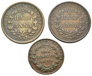 reverse: Monete Mondiali. India Britannica. East India Company. Lotto di 3 monete. Cu. 1/2 Anna 1845 - 1835; 1/4 Anna 1835. BB