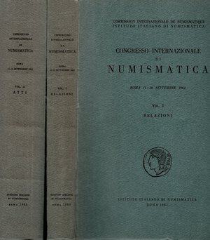 obverse: AA. VV. - Congresso Internazionale di Numismatica. Roma 11 - 16 Settembre 1961. Vol. I. Relazioni. Roma, 1961. pp. 433.  Vol. II. Atti. Roma, 1965. pp.xxxii - 706, tavv. 46. Opera completa. rilegatura editoriale, buono stato, raro e importante.