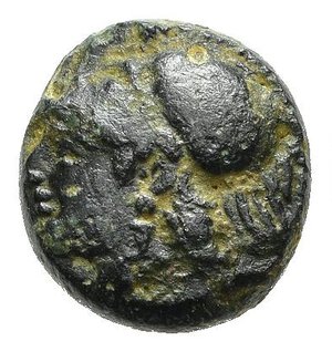 obverse: EOLIDE. Elaia. AE14 mm. Dopo il 340 a.C. AE (1,32 g). D/ testa elmata di Atena a sinistra; R/ Chicco di grano affiancato da E-Λ. Cfr. SNG von Aulock 1604-7. BB. nr.reg.593/24